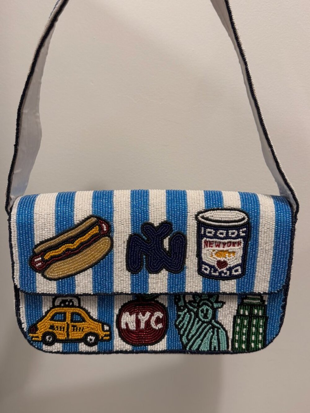 Hand Beaded NYC Shoulder Bag Blue Stripe Taxi Hot Dog Purse - Picture 2 of 4